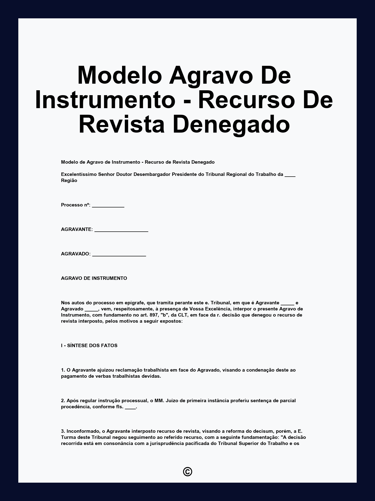 Modelo Agravo De Instrumento - Recurso De Revista Denegado