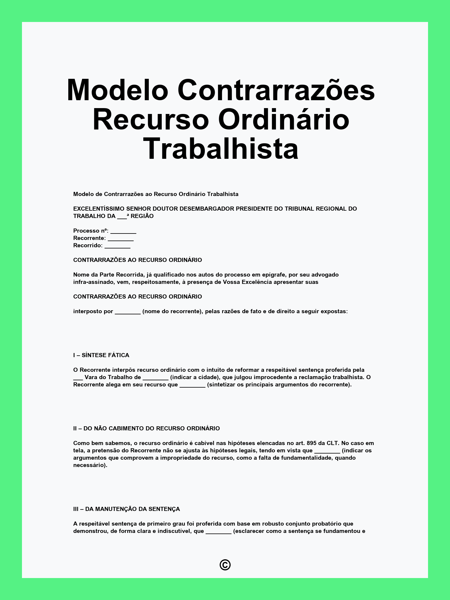 Modelo Contrarrazões Recurso Ordinário Trabalhista