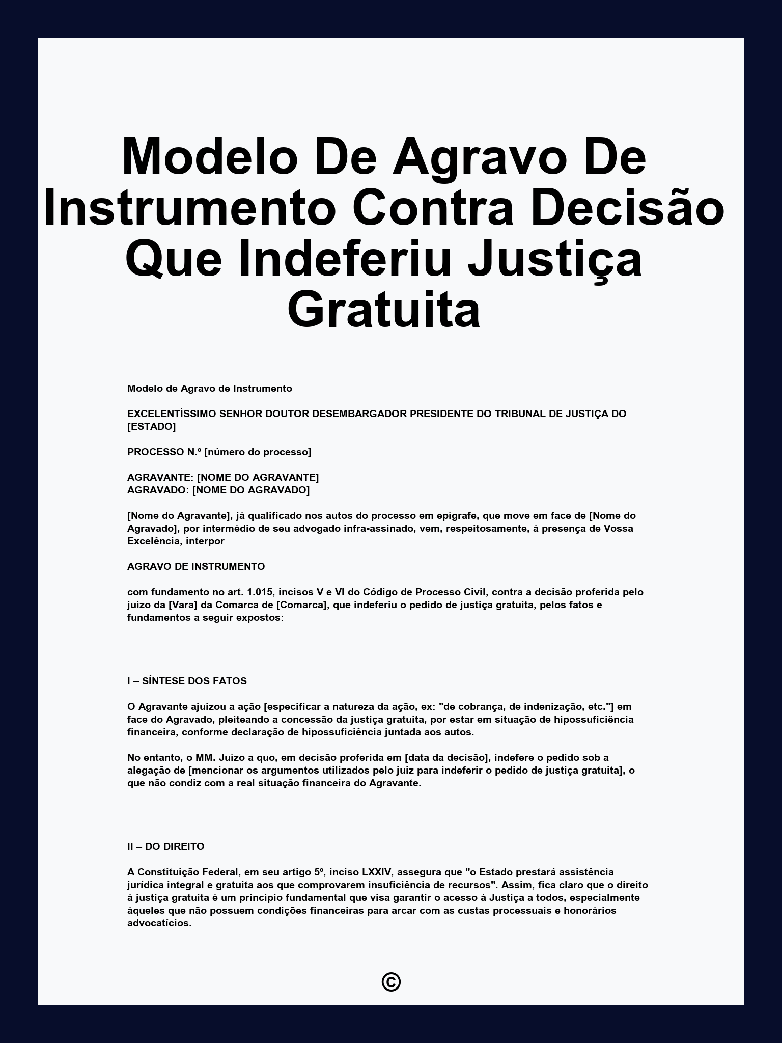 Modelo De Agravo De Instrumento Contra Decisão Que Indeferiu Justiça Gratuita