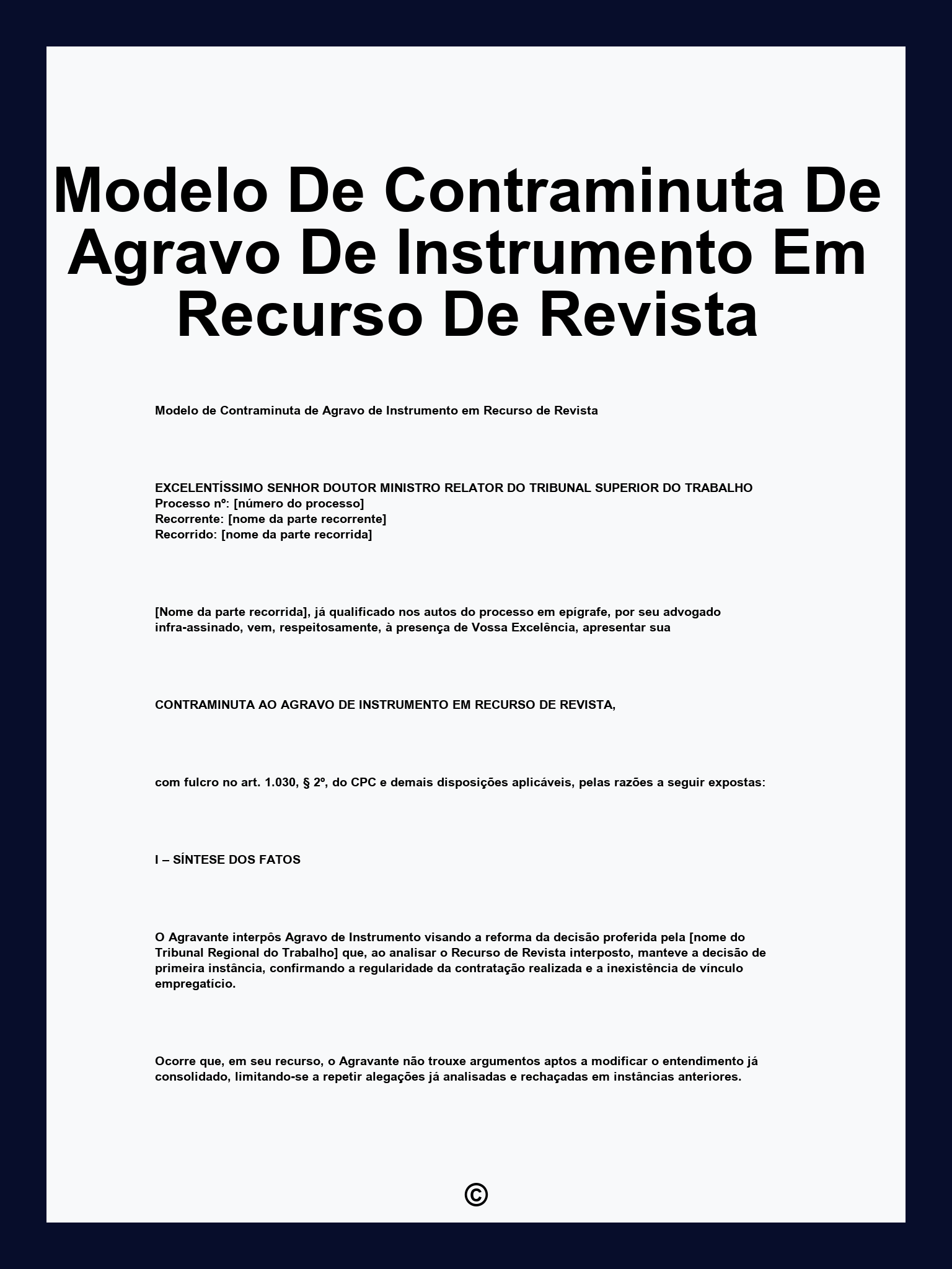 Modelo De Contraminuta De Agravo De Instrumento Em Recurso De Revista
