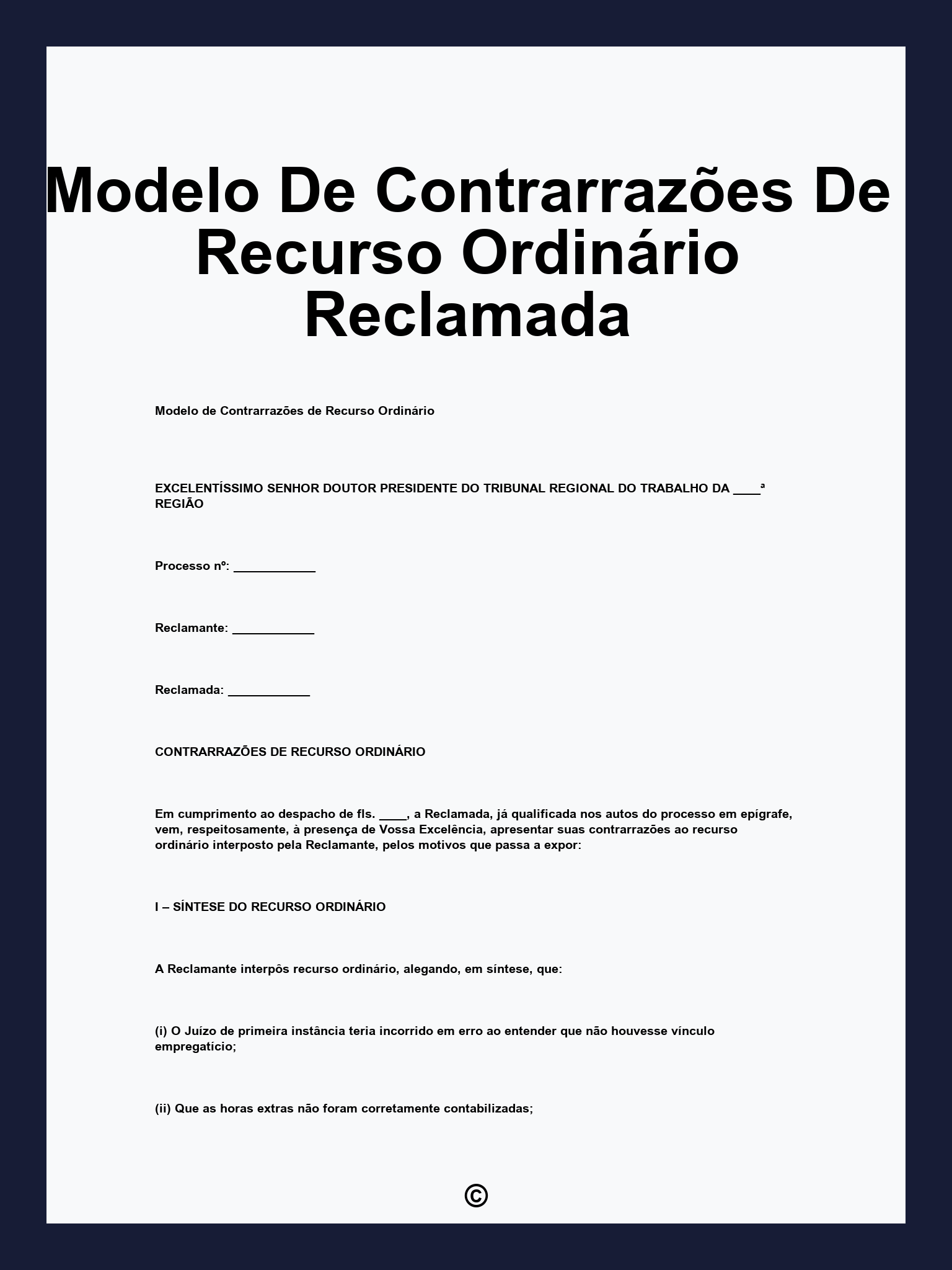 Modelo De Contrarrazões De Recurso Ordinário Reclamada