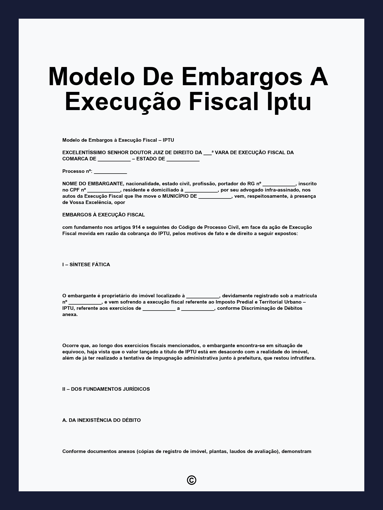 Modelo De Embargos A Execução Fiscal Iptu