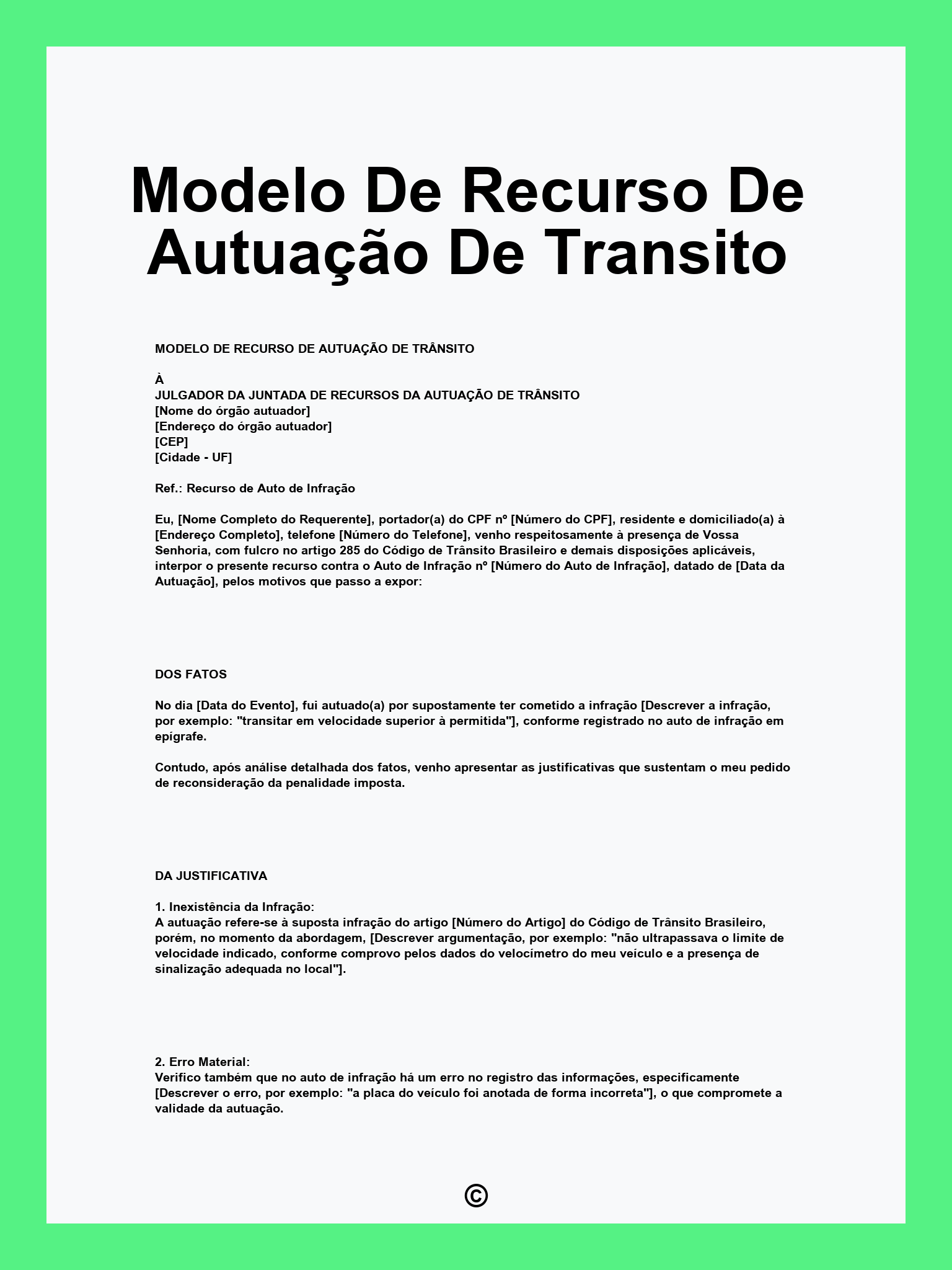 Modelo De Recurso De Autuação De Transito