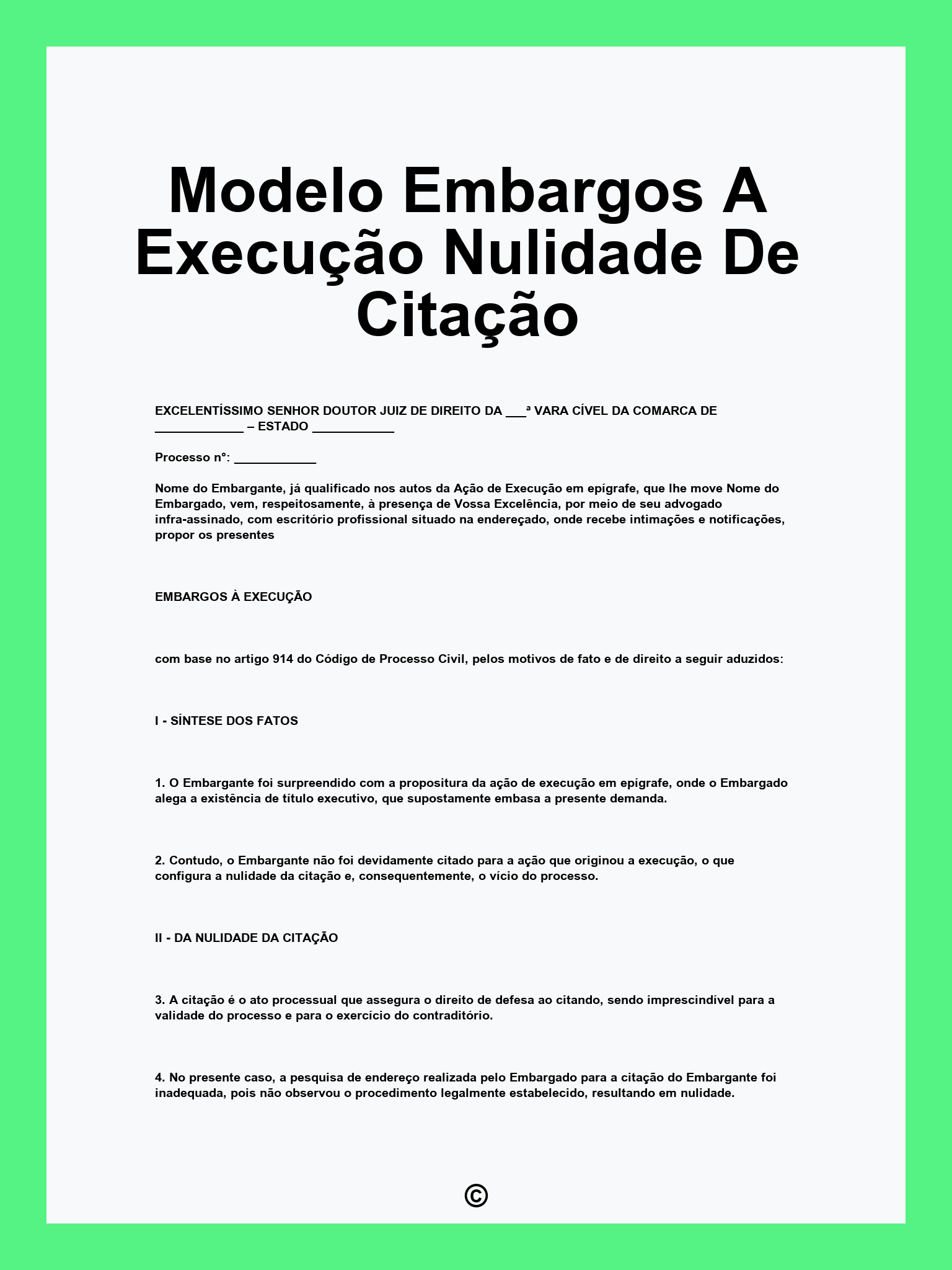 Modelo Embargos A Execução Nulidade De Citação
