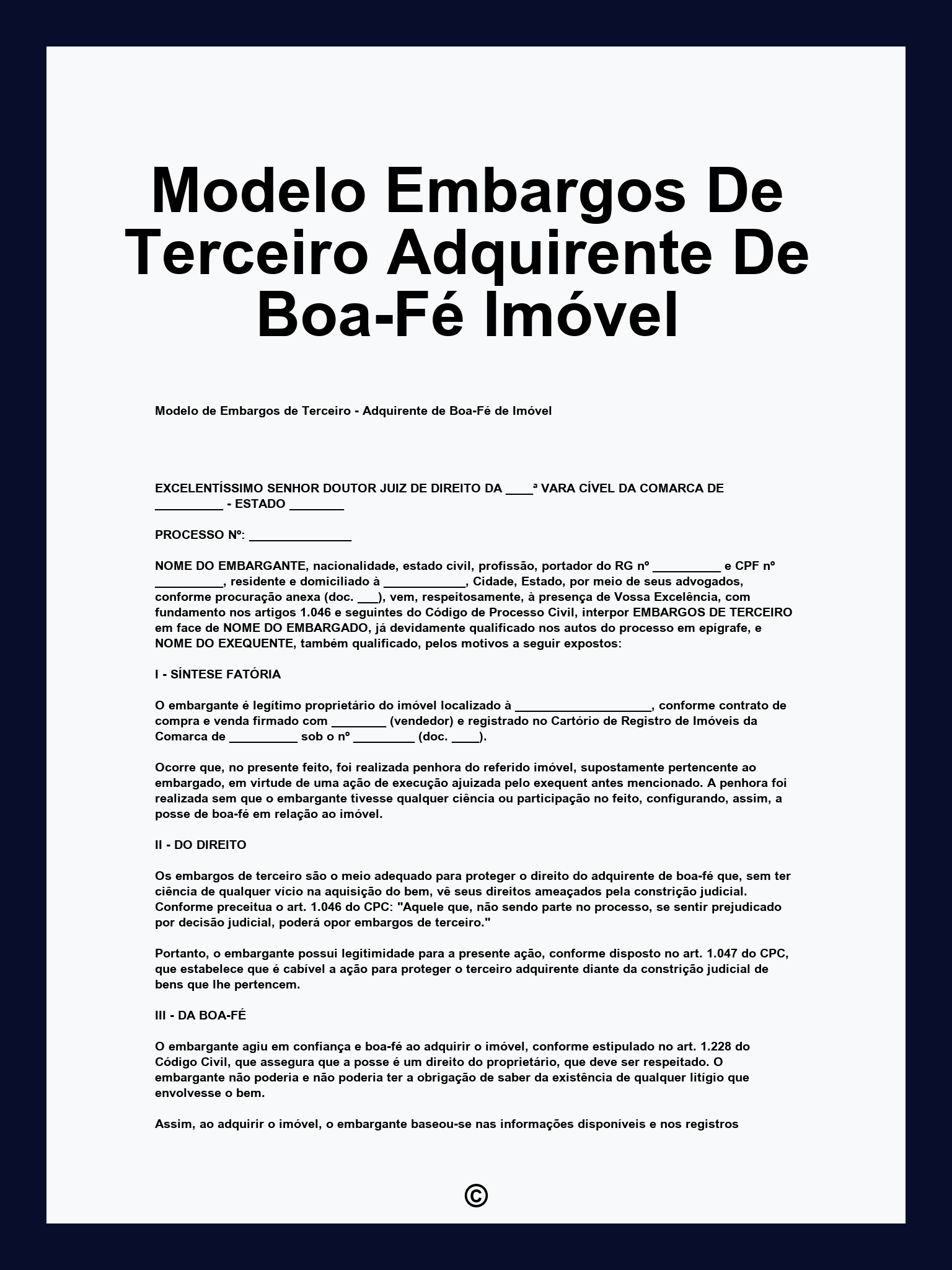 Modelo Embargos De Terceiro Adquirente De Boa-Fé Imóvel
