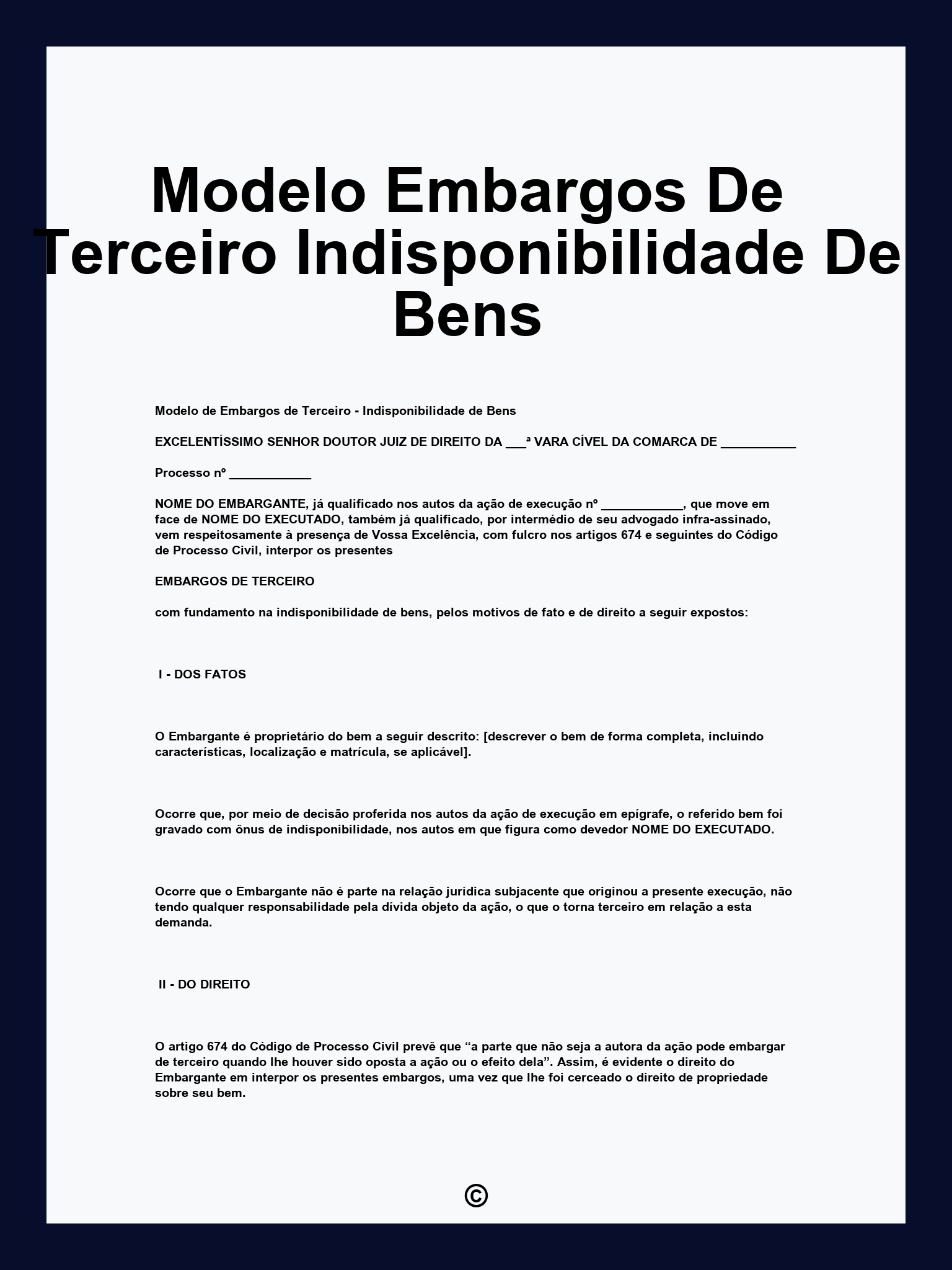 Modelo Embargos De Terceiro Indisponibilidade De Bens