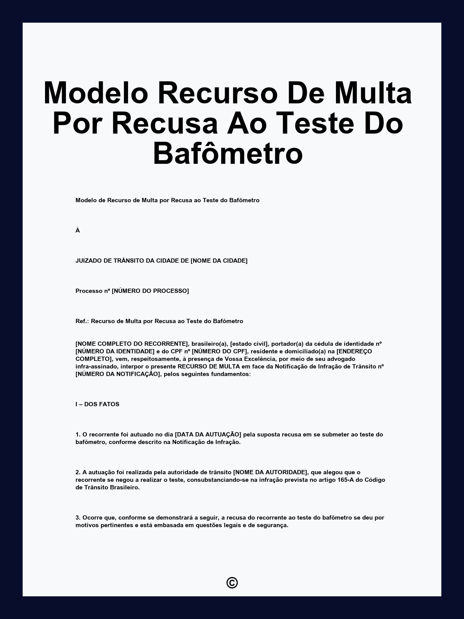 Modelo Recurso De Multa Por Recusa Ao Teste Do Bafômetro