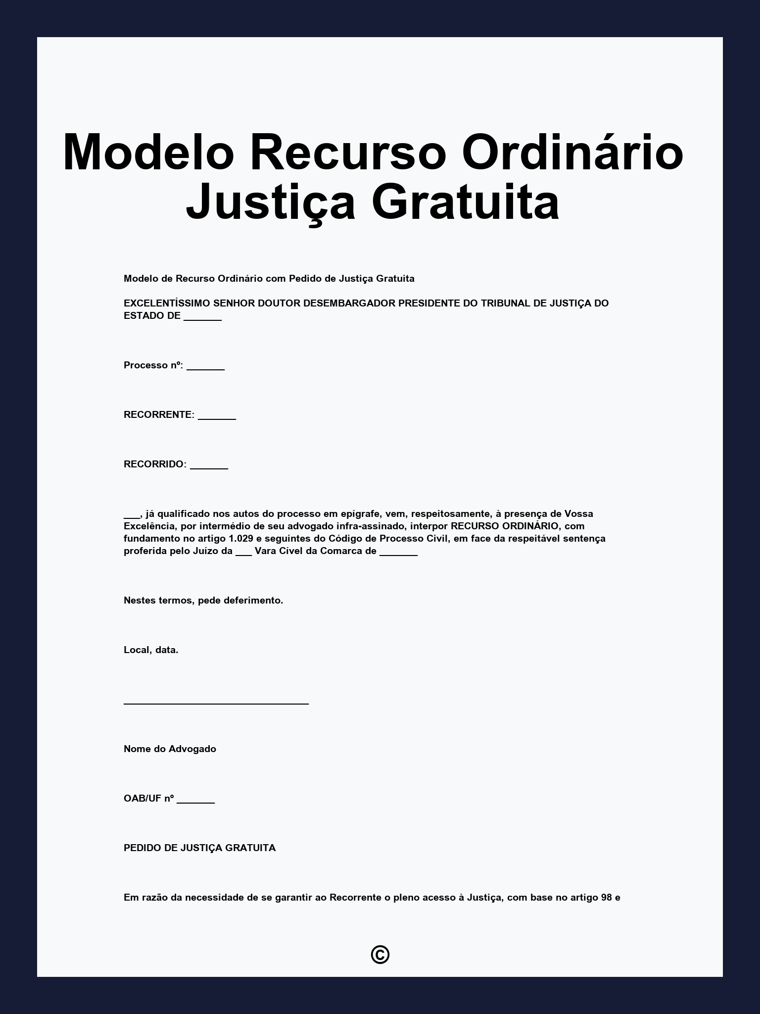 Modelo Recurso Ordinário Justiça Gratuita