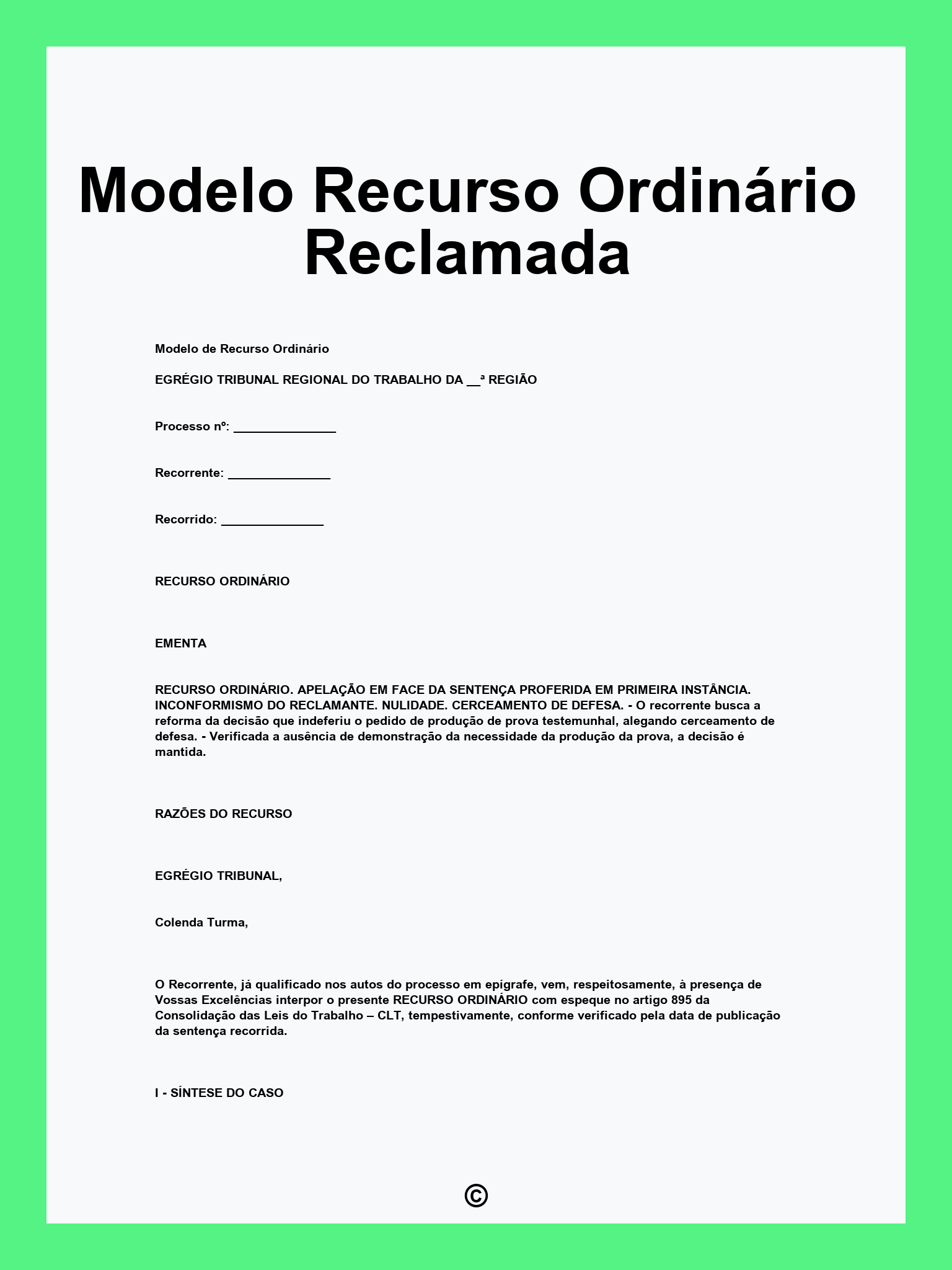 Modelo Recurso Ordinário Reclamada
