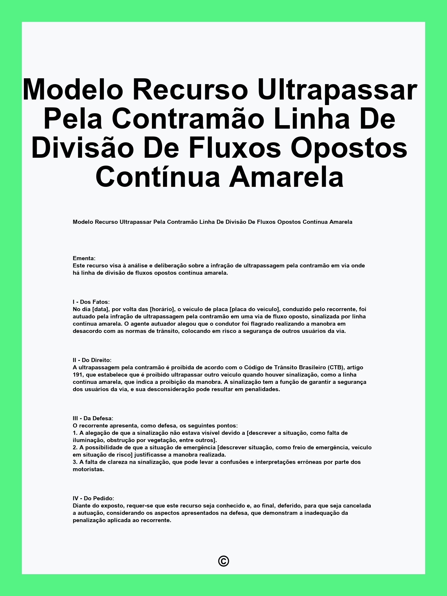 Modelo Recurso Ultrapassar Pela Contramão Linha De Divisão De Fluxos Opostos Contínua Amarela